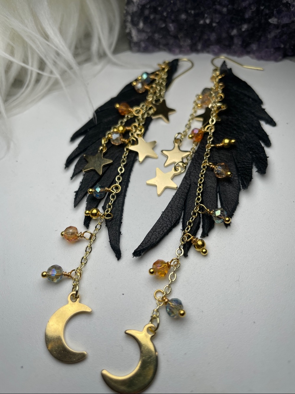 Black Leather Raven Wings & Gold Star Moon Drop Fringe Boho Earrings | Artisan - Picture 3 of 16